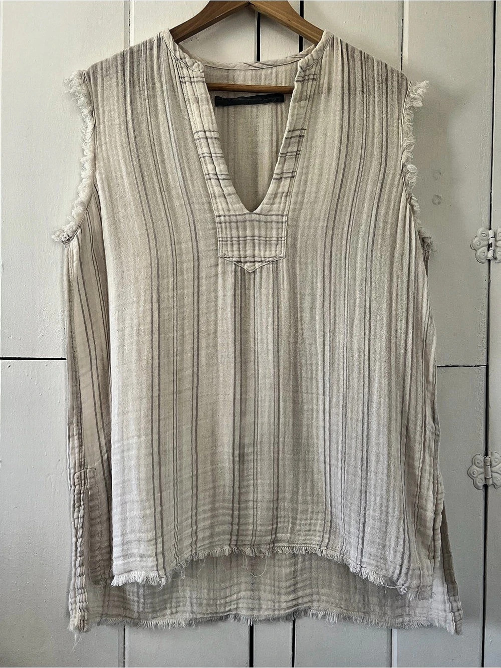 Raquel Allegra Striped Fringe Tunic in Cream & Gray